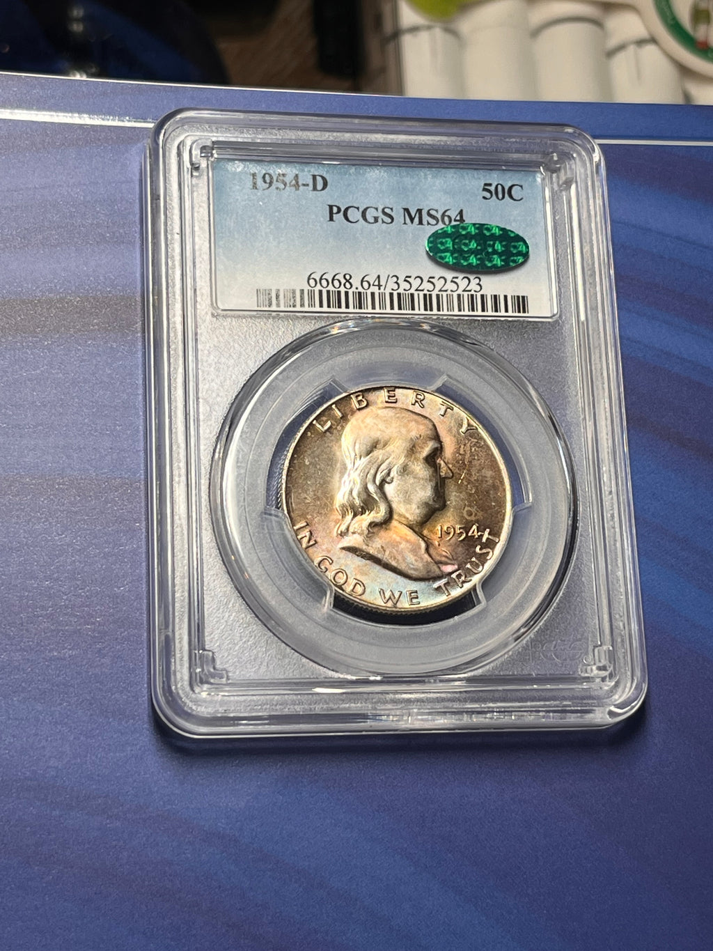 Toned 1954 MS64 CAC Benjamin Franklin Half Dollar